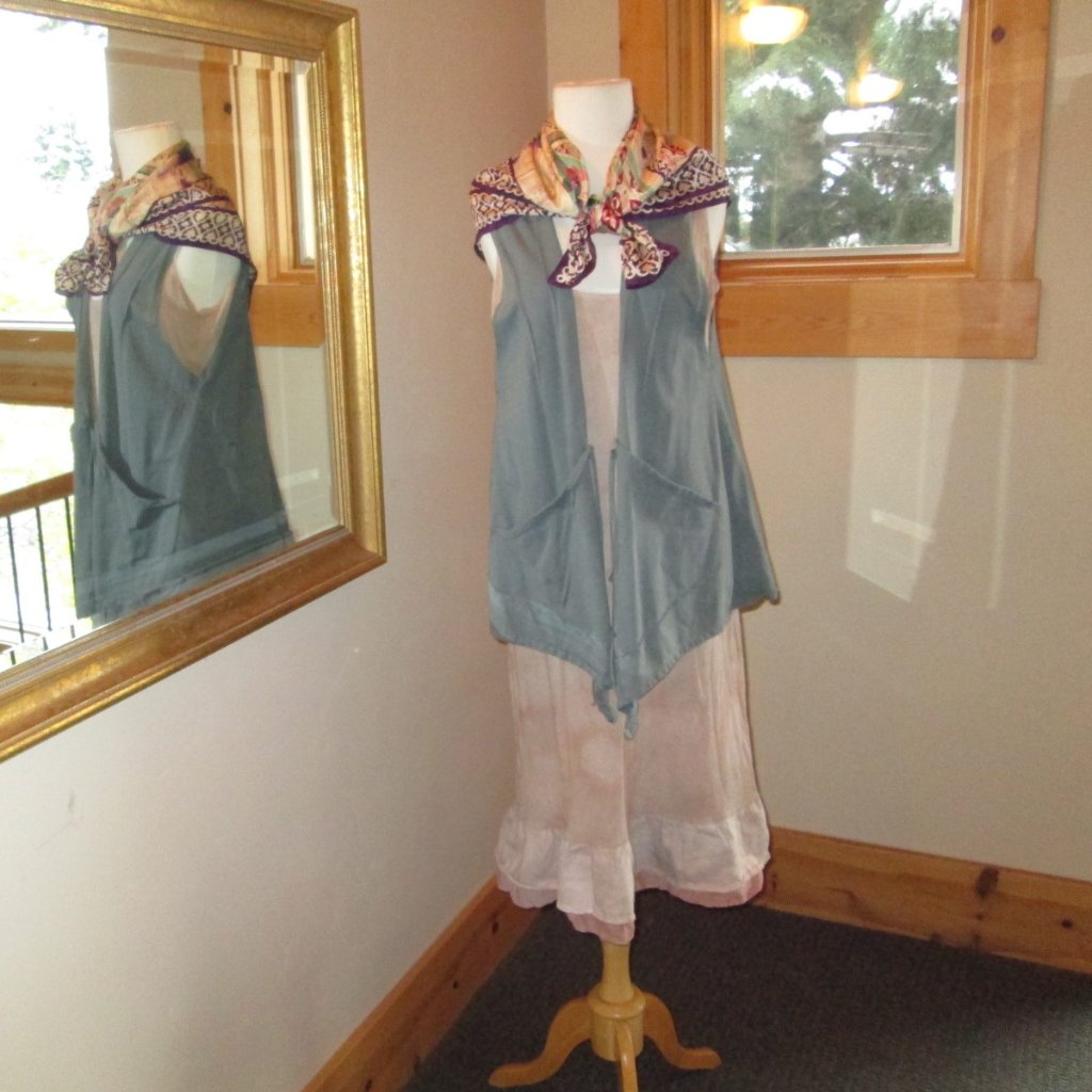 Steel Pony Sleeveless Dress With Blue Heather Reid Vest And Vera Silk Scarf